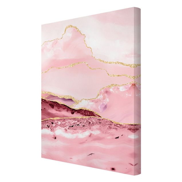 Billeder på lærred mønstre Abstract Mountains Pink With Golden Lines