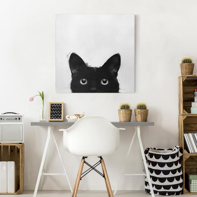 Billeder på lærred katte Illustration Black Cat On White Painting