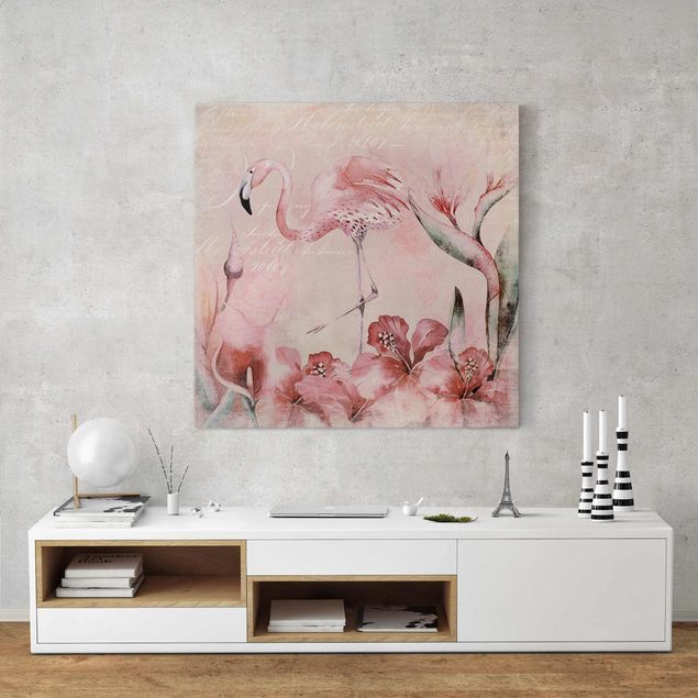 Billeder på lærred blomster Shabby Chic Collage - Flamingo
