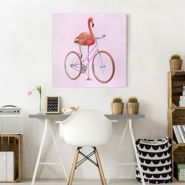 Billeder på lærred kunsttryk Flamingo With Bicycle
