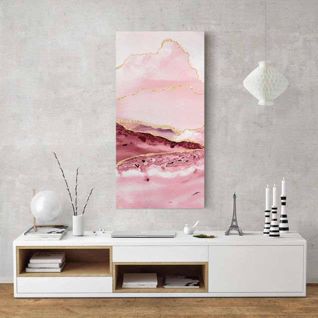 Billeder på lærred bjerge Abstract Mountains Pink With Golden Lines