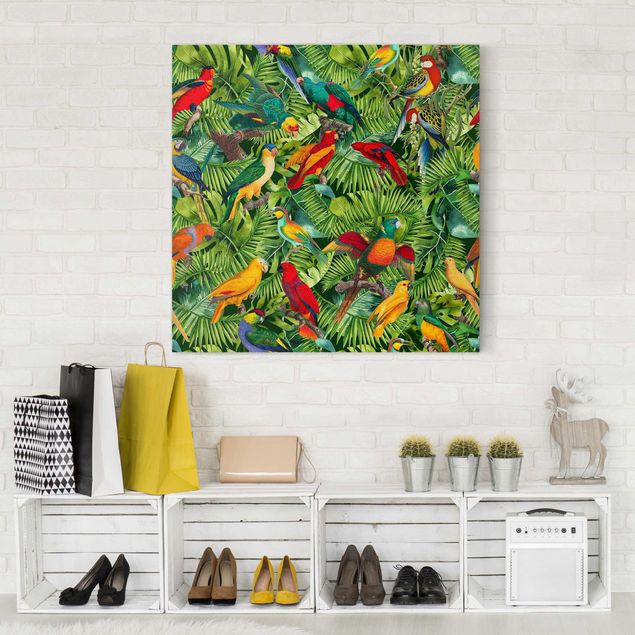 Billeder på lærred fugle Colourful Collage - Parrots In The Jungle