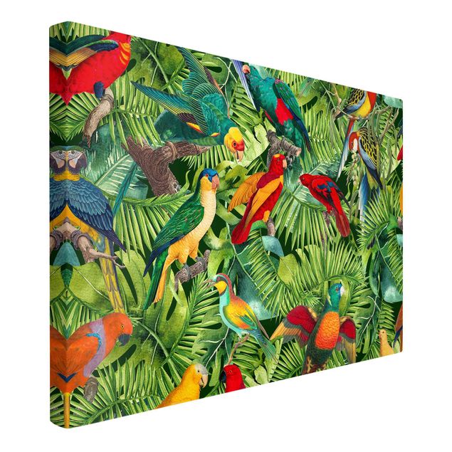 Billeder på lærred blomster Colourful Collage - Parrots In The Jungle