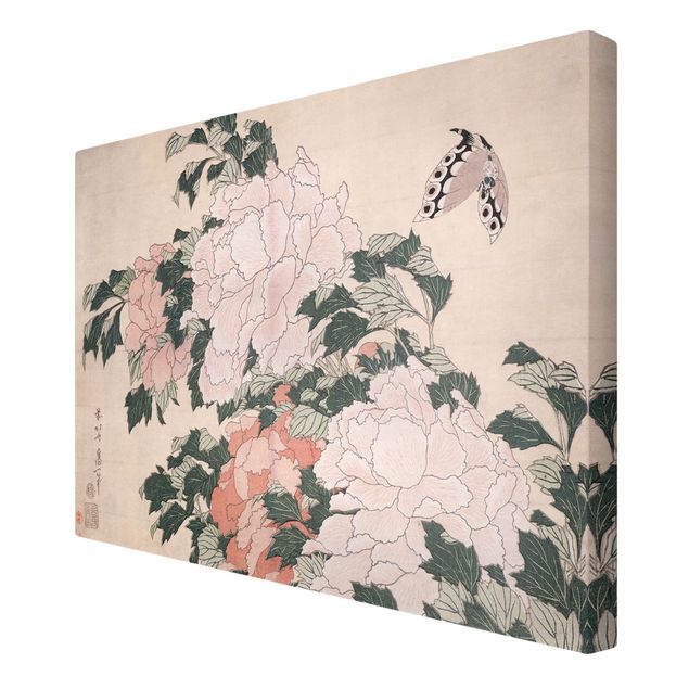 Billeder på lærred blomster Katsushika Hokusai - Pink Peonies With Butterfly