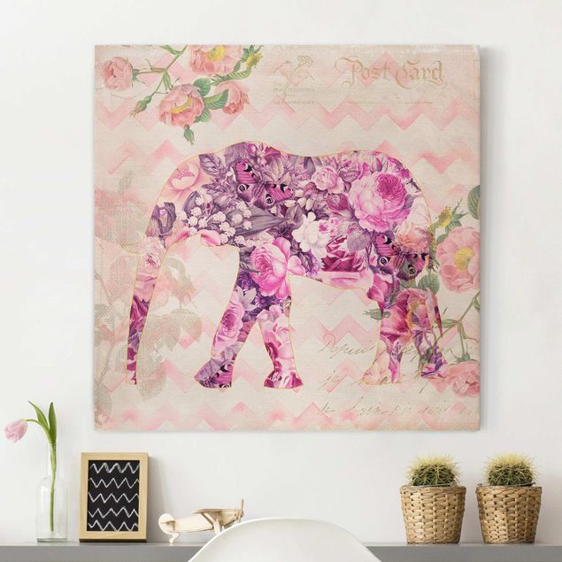 Billeder på lærred elefanter Vintage Collage - Pink Flowers Elephant