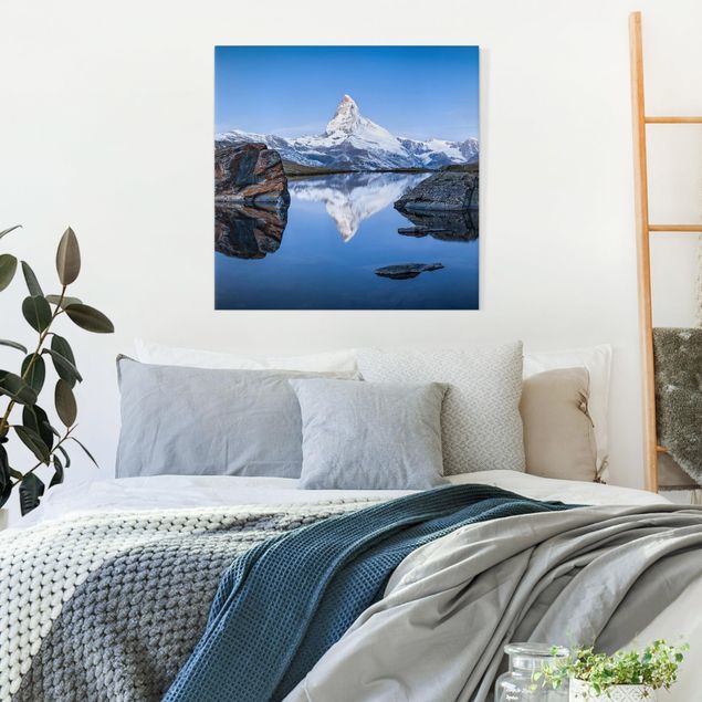 Billeder på lærred bjerge Stellisee Lake In Front Of The Matterhorn