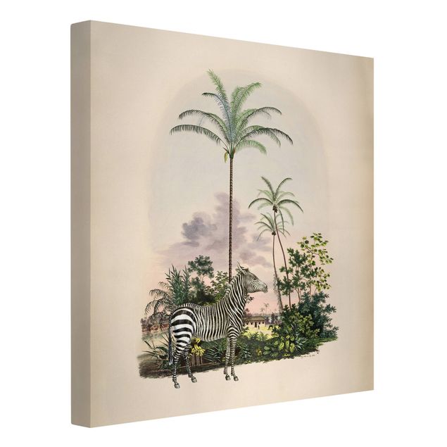 Billeder på lærred solnedgange Zebra Front Of Palm Trees Illustration