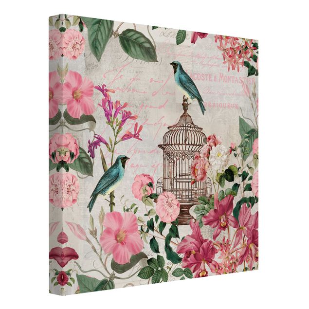 Billeder blomster Shabby Chic Collage - Pink Flowers And Blue Birds