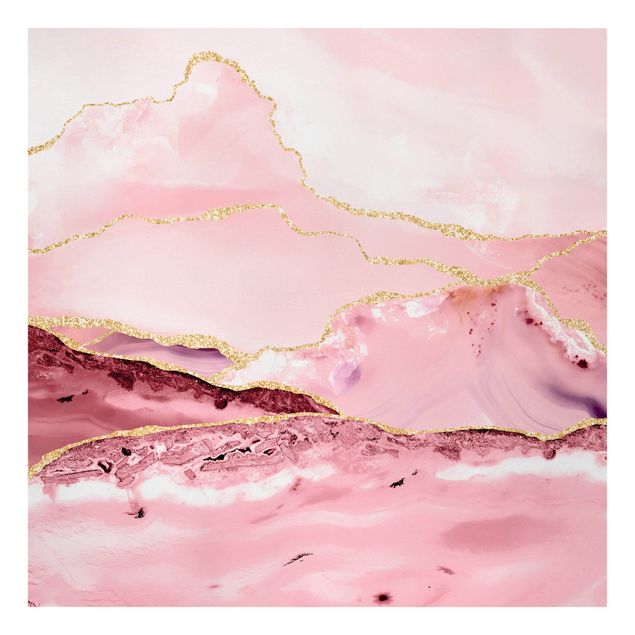 Billeder på lærred kunsttryk Abstract Mountains Pink With Golden Lines