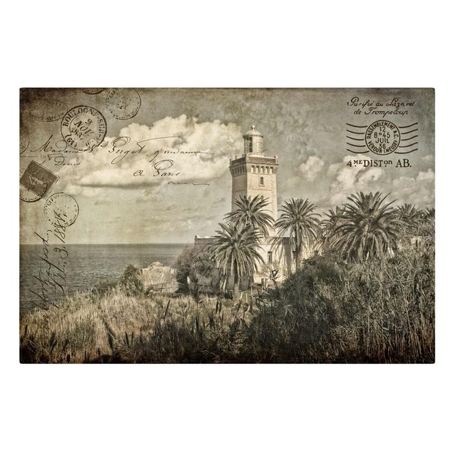 Billeder på lærred kunsttryk Vintage Postcard With Lighthouse And Palm Trees