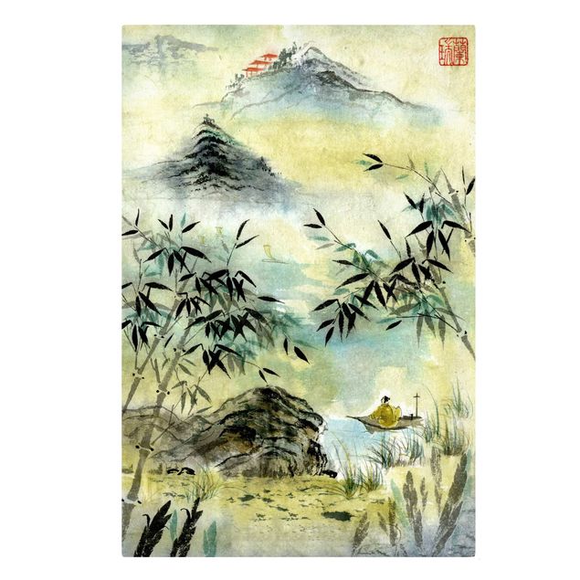 Billeder på lærred bjerge Japanese Watercolour Drawing Bamboo Forest