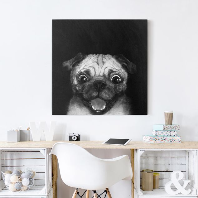 Billeder på lærred hunde Illustration Dog Pug Painting On Black And White