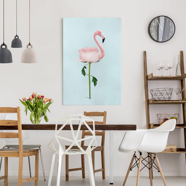 Billeder på lærred fugle Flamingo With Rose