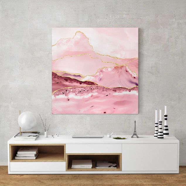 Billeder på lærred stenlook Abstract Mountains Pink With Golden Lines