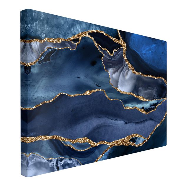 Billeder på lærred abstrakt Golden Glitter Waves Blue Backdrop