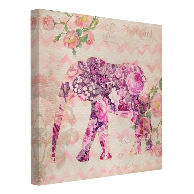 Billeder på lærred roser Vintage Collage - Pink Flowers Elephant