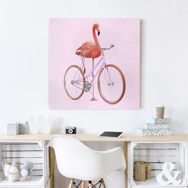 Billeder på lærred fugle Flamingo With Bicycle