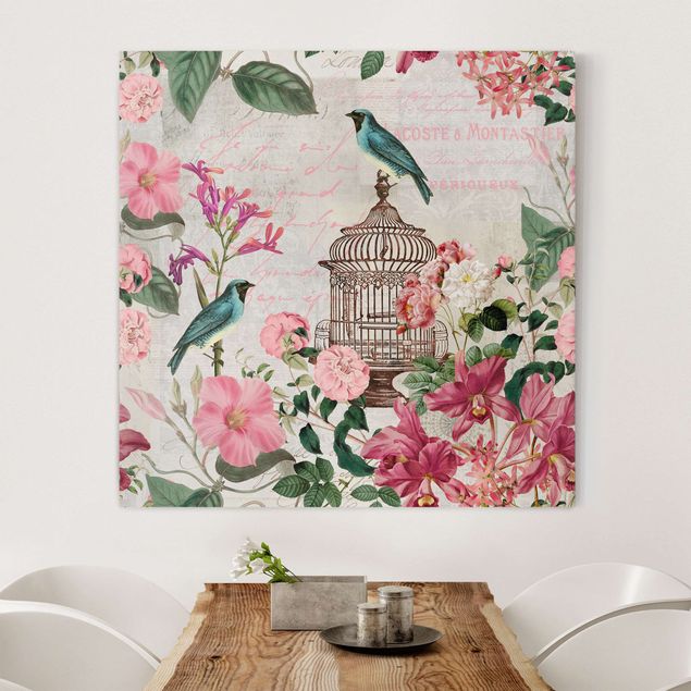 køkken dekorationer Shabby Chic Collage - Pink Flowers And Blue Birds