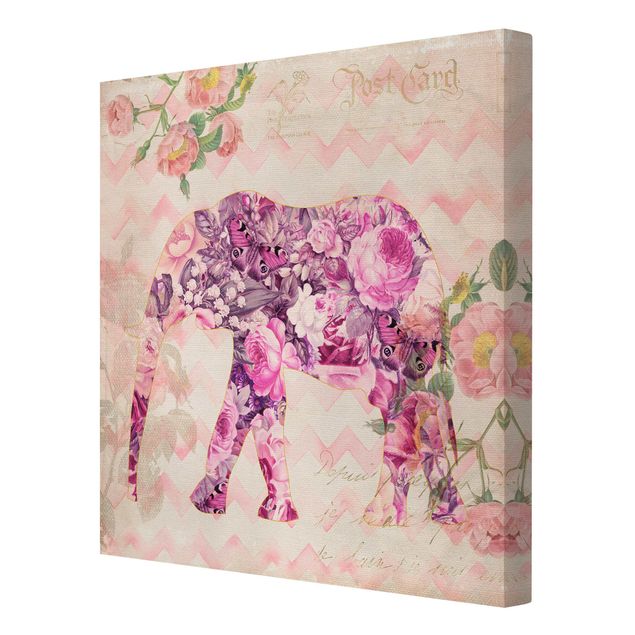 Billeder sommerfugle Vintage Collage - Pink Flowers Elephant