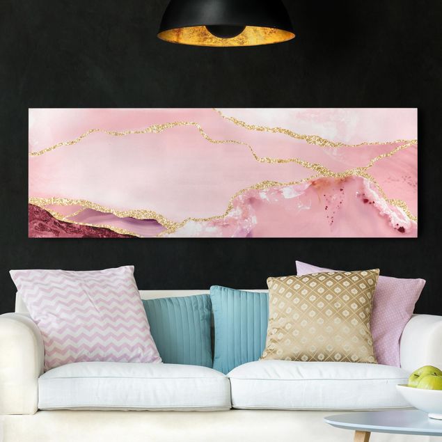 køkken dekorationer Abstract Mountains Pink With Golden Lines