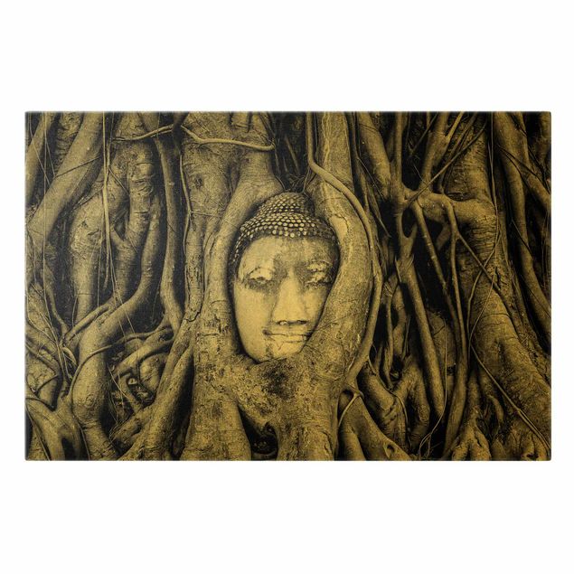 Billeder på lærred guld Buddha in Ayuttaya Framed By Tree Roots In Black And White