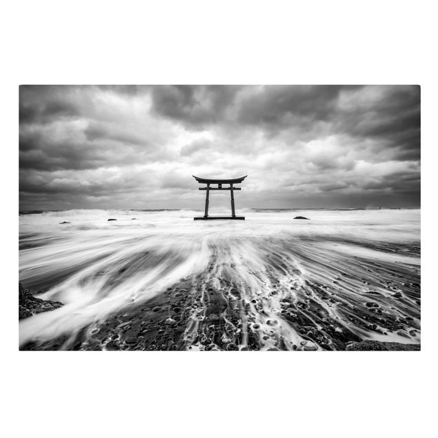 Billeder på lærred sort og hvid Japanese Torii In The Ocean