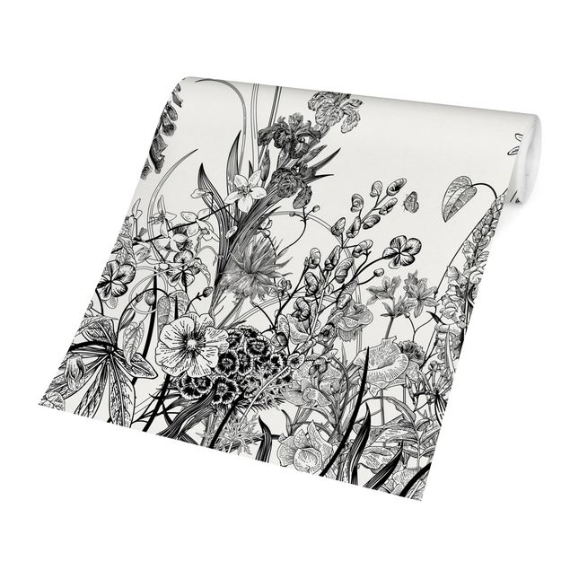 Moderne tapet Large Flowers With Butterflies In Black