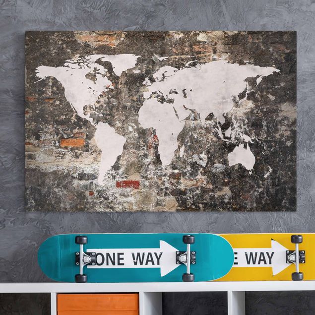 Billeder på lærred stenlook Old Wall World Map