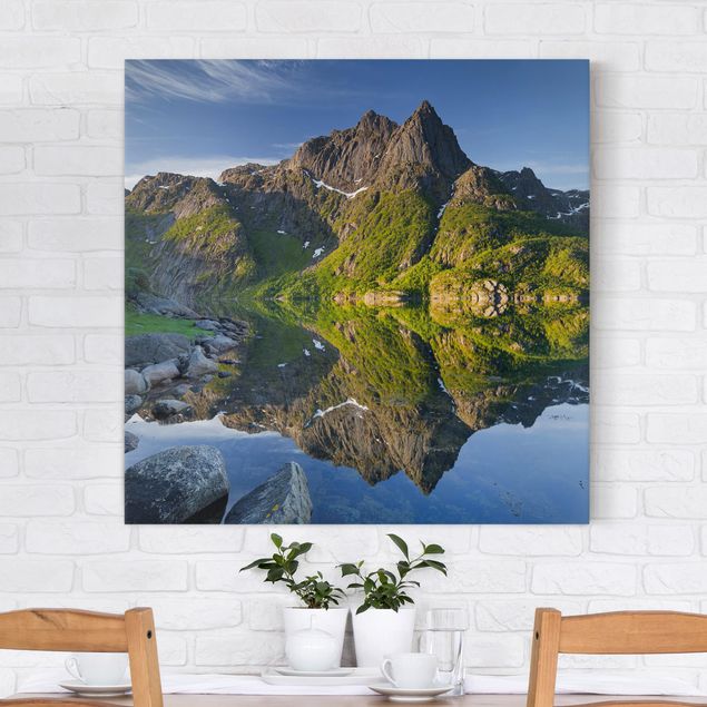 Billeder på lærred bjerge Mountain Landscape With Water Reflection In Norway