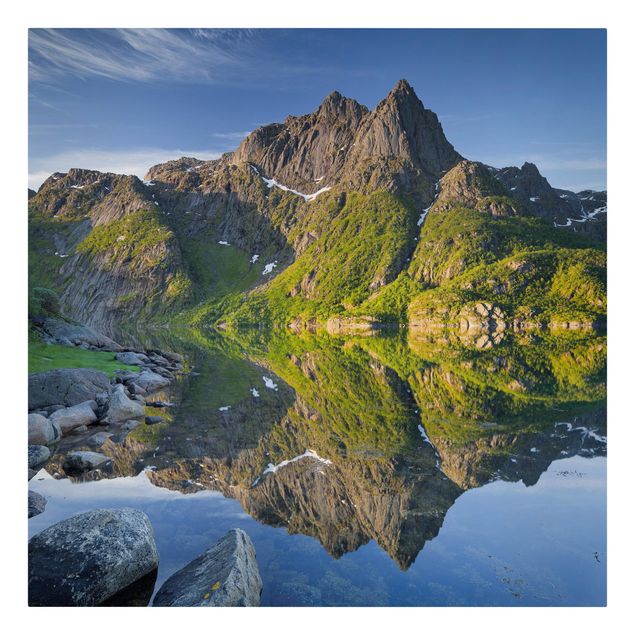 Billeder på lærred arkitektur og skyline Mountain Landscape With Water Reflection In Norway