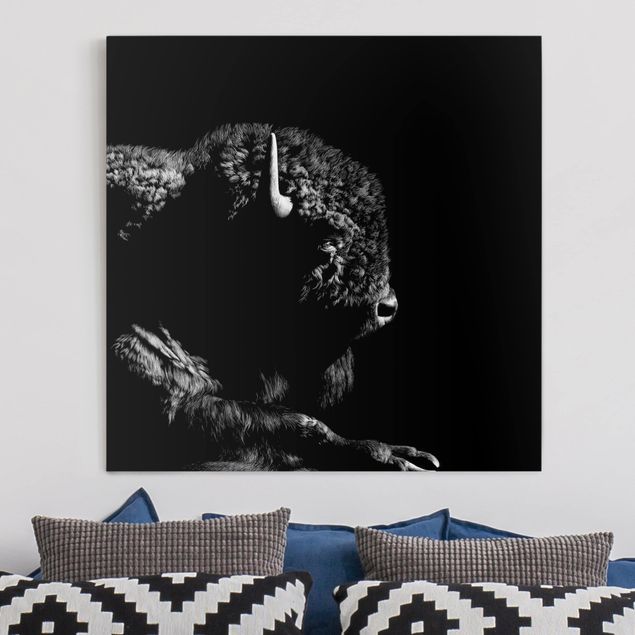 Billeder på lærred sort og hvid Bison In The Dark