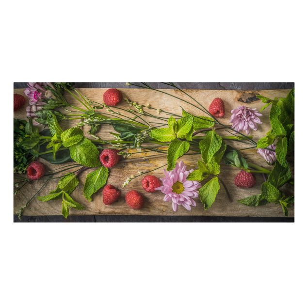 Billeder på lærred grøntsager og frukt Flowers Raspberries Mint
