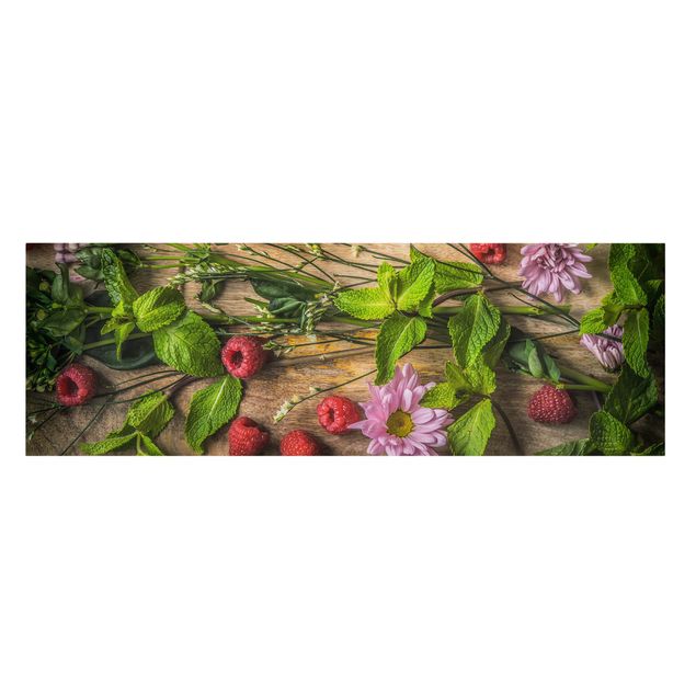 Billeder på lærred grøntsager og frukt Flowers Raspberries Mint
