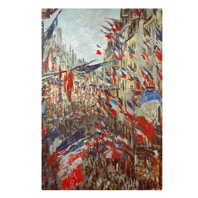 Billeder på lærred arkitektur og skyline Claude Monet - The Rue Montorgueil with Flags