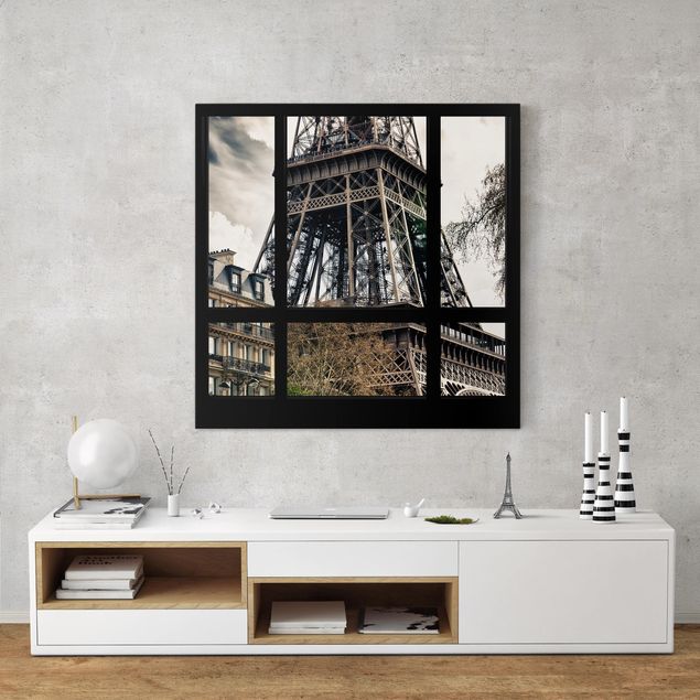 Billeder på lærred Paris Window view Paris - Near the Eiffel Tower black and white