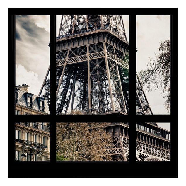 Billeder på lærred sort og hvid Window view Paris - Near the Eiffel Tower black and white