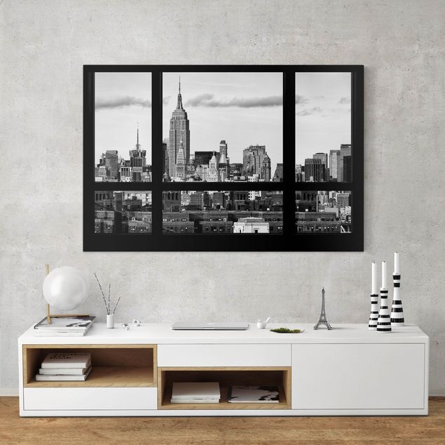 Billeder på lærred New York Window Manhattan Skyline black-white