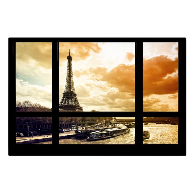 Billeder på lærred arkitektur og skyline Window view - Paris Eiffel Tower sunset