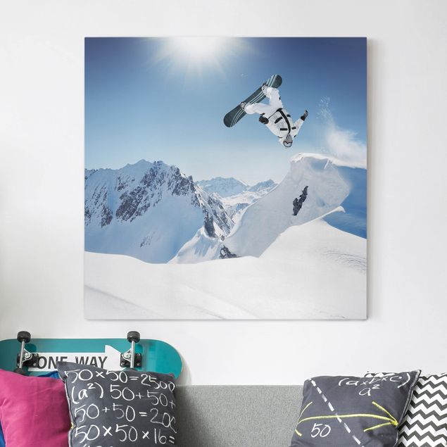 Billeder på lærred bjerge Flying Snowboarder