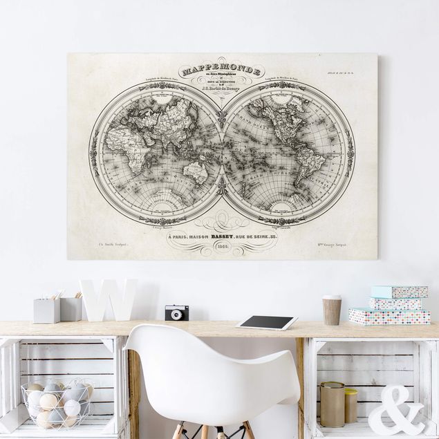 Billeder på lærred sort og hvid French map of the hemispheres from 1848