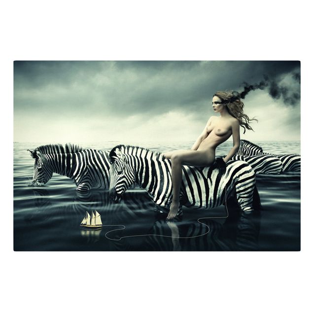 Billeder på lærred dyr Woman Posing With Zebras