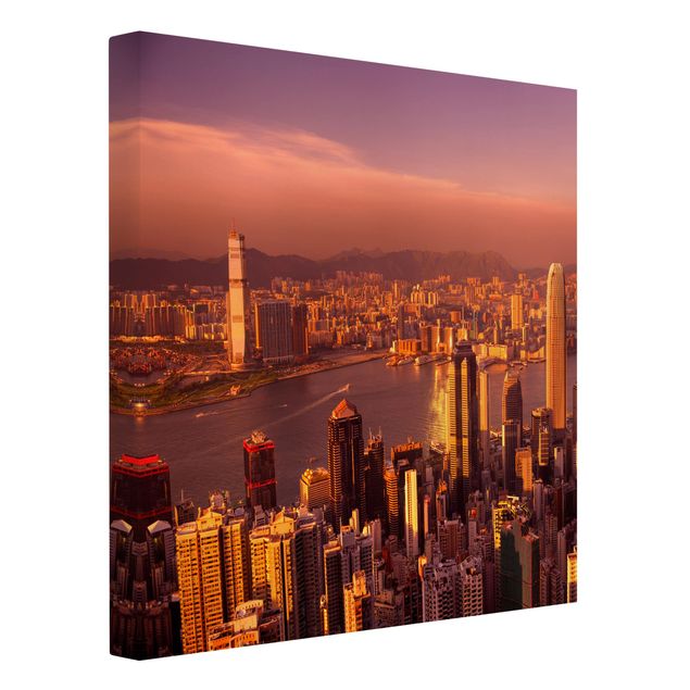 Billeder på lærred arkitektur og skyline Hong Kong Sunset