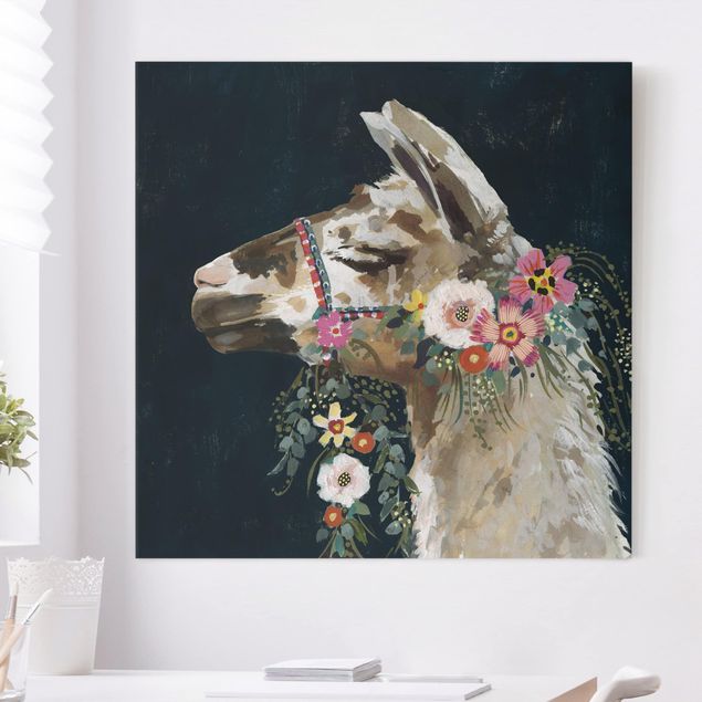 Billeder på lærred dyr Lama With Floral Decoration II