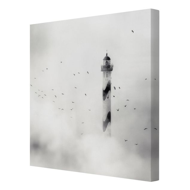 Billeder på lærred sort og hvid Lighthouse In The Fog