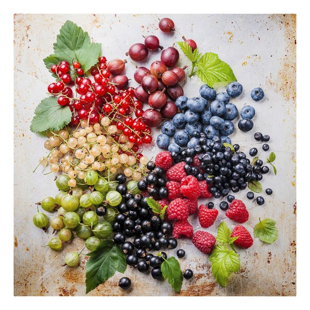 Billeder på lærred grøntsager og frukt Mixture Of Berries On Metal