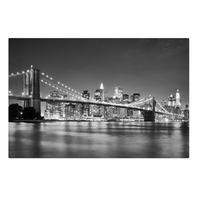 Billeder på lærred sort og hvid Nighttime Manhattan Bridge II