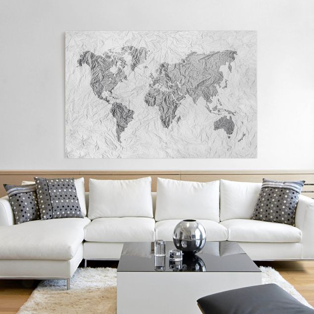 Billeder på lærred sort og hvid Paper World Map White Grey