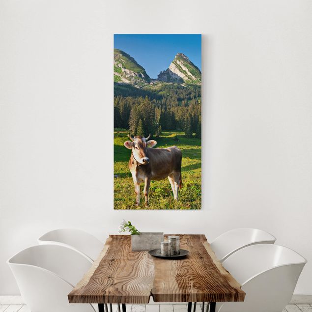 Billeder på lærred bjerge Swiss Alpine Meadow With Cow