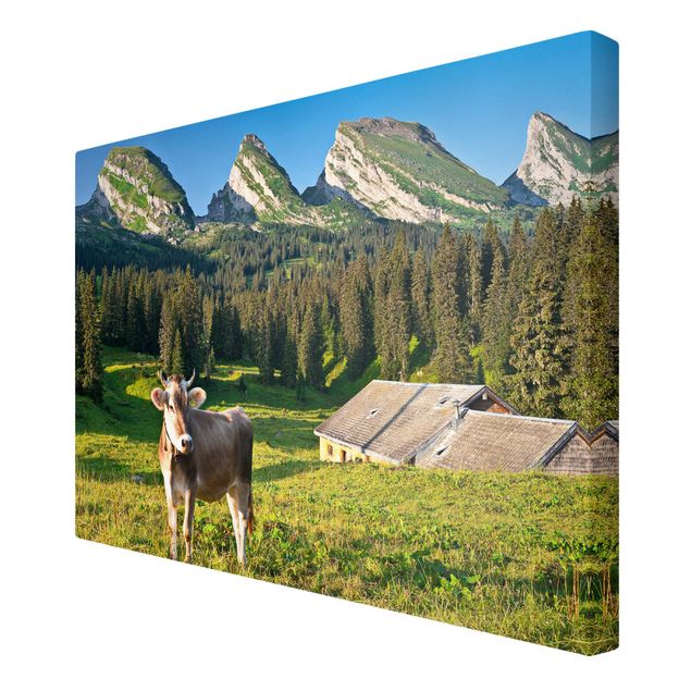 Billeder landskaber Swiss Alpine Meadow With Cow