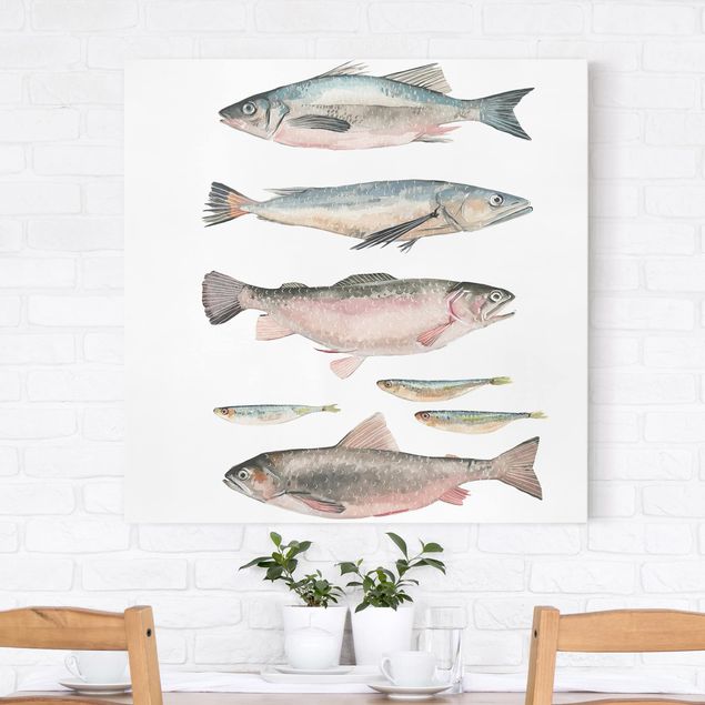 Billeder på lærred fisk Seven Fish In Watercolour I